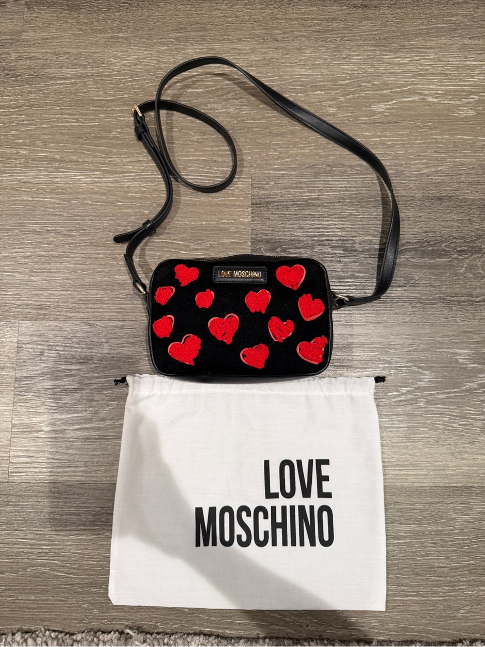 Love Moschino Black Velvet Crossbody with Red Heart Details